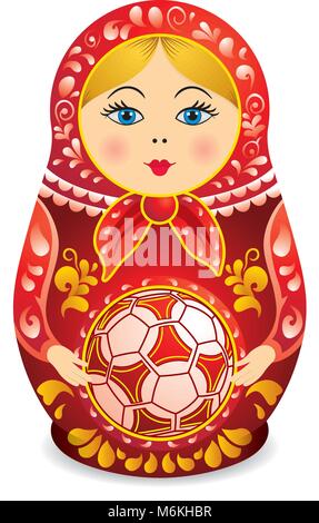Dessin d'une Matrioshka en rouge et jaune, tenant un ballon de football dans ses mains. Poupée matriochka aussi connu comme une poupée russe, l'Empilement de nidification poupées Illustration de Vecteur