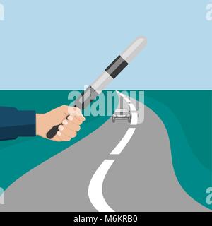 L'agent de police's hand holding a rayé le personnel. La voiture sur la route sinueuse. Vector illustration. Illustration de Vecteur