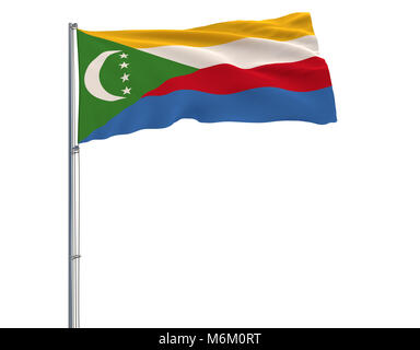 Isoler des Comores drapeau sur un mât voltigeant dans le vent sur un fond blanc, 3D Rendering Banque D'Images