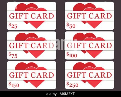 Cartes-cadeaux avec le coeur. La conception du matériel. Couper le papier. Le coût des cartes de 25, 50, 75, 100, 150, 250. Vector illustration Illustration de Vecteur