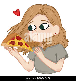 Belle jeune fille avec de grands yeux verts va manger une pointe de pizza, plat préféré. Banque D'Images