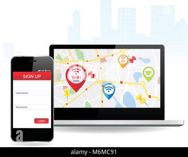 Smart Phone et l'ordinateur portable avec connexion wi-fi en ligne Internet sans fil Wifi Illustration de Vecteur
