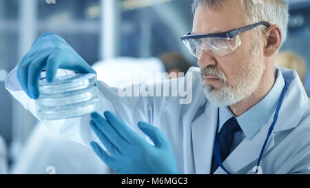 Close-up of a Medical Research Scientist détient pétri de froid avec des échantillons. Il travaille dans un laboratoire moderne Centre. Banque D'Images