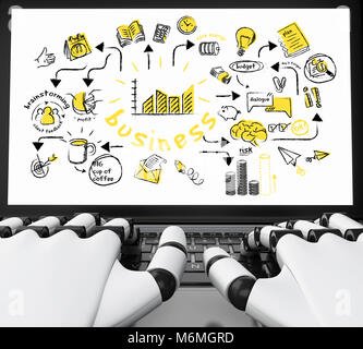 3d illustration. Les mains robotisées de la saisie sur un ordinateur portable avec des croquis. Isolé sur fond blanc Banque D'Images