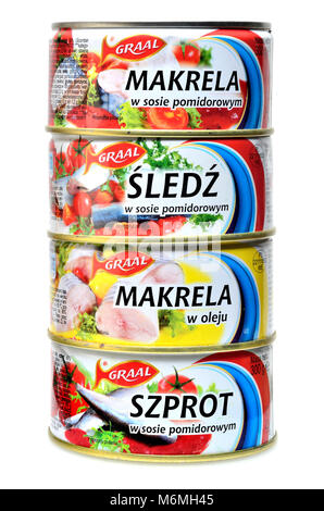 Polish conserve de poisson (de haut) le maquereau à la tomate, les harengs à la sauce tomate ; maquereau dans l'huile, anchois à la sauce tomate Banque D'Images