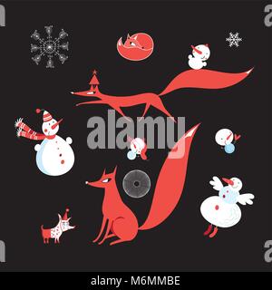Vector set de renards roux et drôles de bonhommes de neige sur un fond blanc Illustration de Vecteur