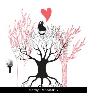 Vector illustration of a black cat sur un arbre amoureux Illustration de Vecteur