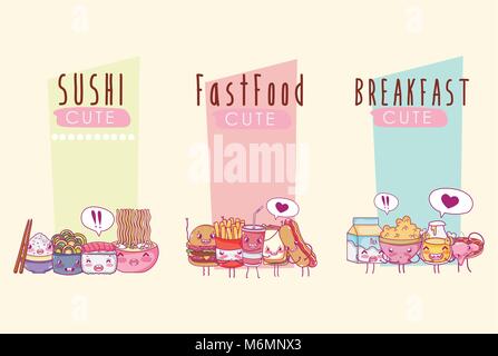 Cute kawaii alimentaires vecteur caricatures illustration graphic design Illustration de Vecteur