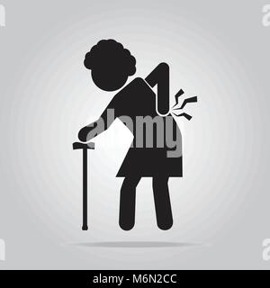 Femme âgée avec stick et les blessures de la douleur au dos de l'icône . vieux symbole vector illustration Illustration de Vecteur