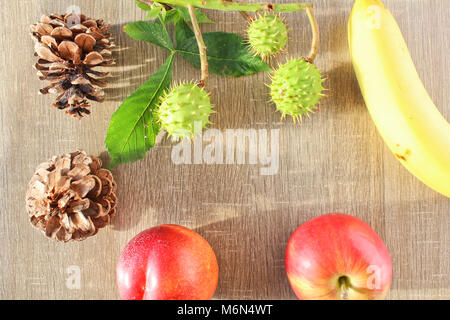 Fruits d'automne, du cône, de la châtaigne, pomme et banane nectarine sur fond de bois Banque D'Images