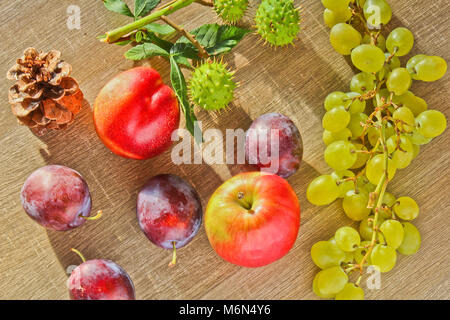 Fruits d'automne, cône, châtaignes, nectarine prune et raisin apple sur fond de bois Banque D'Images