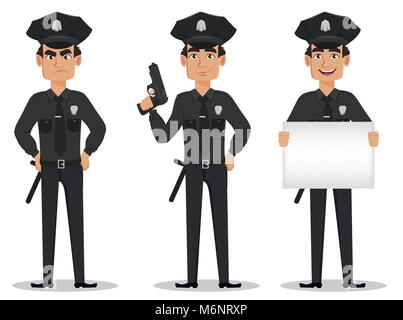 Agent de police, policier. Ensemble de personnage de cop en colère, avec une arme à feu et avec placard. Vector illustration isolé sur fond blanc Illustration de Vecteur