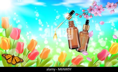 Bouteille esthétique réaliste du paysage printemps herbe vert clair fond ciel bleu papillon fleur tulipe fleur de cerisier sakura. Médecine 3d allergie pollinose produit de marque vector illustration Illustration de Vecteur