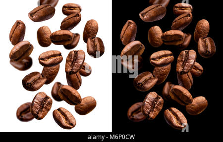 Les grains de café chute isolé sur fond noir et blanc Banque D'Images