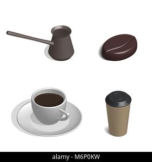 Service à café. Tasse de haricots, et cezve isolé sur fond blanc. 3D isométrique, style vector illustration. Illustration de Vecteur