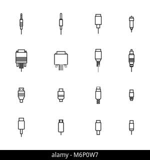 Ensemble de connecteurs vidéo et audio de fines lignes isolé sur fond blanc. Les éléments de design d'accessoires informatiques et périphériques numériques, vec Illustration de Vecteur