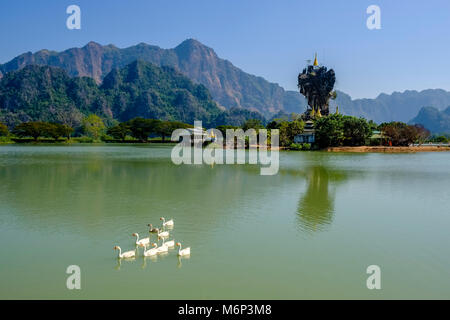 La pagode de Kyauk Ka Lat appartient à un monastère et est situé sur une île au milieu d'un lac, oies blanches la baignade dans le lac, le Mont Zwegabin Banque D'Images