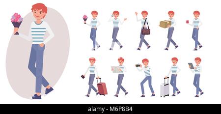 Cartoon character design mâle homme collection dans dix différents posent des gestes et Illustration de Vecteur