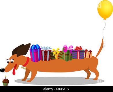 Cute dachshund avec des cadeaux sur le dos et le ballon sur la queue en regardant cupcake avec bougie brûlante isolé sur fond blanc. Illustration vectorielle, clip Illustration de Vecteur