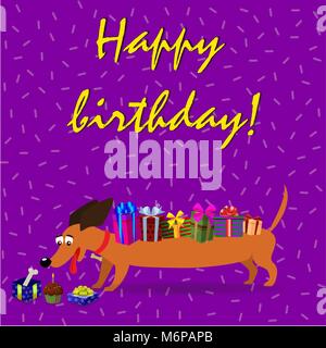 Cute cartoon long dachshund avec boîtes cadeaux sur le dos regardant sur boîte-cadeau avec un petit gâteau avec une bougie et de l'os sur fond violet confetti. Vec Illustration de Vecteur