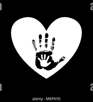 Le noir et blanc silhouette de main de bébé et adultes dans la région de coeur. Mère ou père et enfant handprint. Paume de parent et bébé. Idée illustration sociale o Illustration de Vecteur