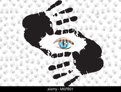 L'homme regardant à travers les yeux bleu cadre à la main. Joli cadre fait des doigts et des yeux à l'intérieur. Vector illustration de la vue perspective sur l'arrière-plan Illustration de Vecteur