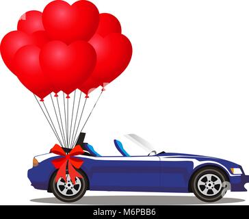 Bleu foncé voiture cabriolet dessin animé moderne ouvert avec bande d'hélium ballons en forme de coeur rouge avec bow festif isolé sur fond blanc. Voiture de sport Illustration de Vecteur