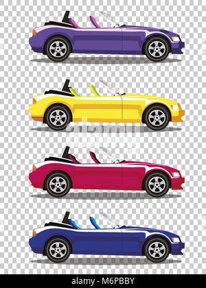 Série de dessins animés modernes voitures cabriolet couleur isolé sur fond transparent. Voitures de sport. Bleu, Jaune, rouge et violet voitures. Vector illustration. Illustration de Vecteur