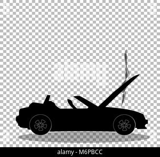 Silhouette noire de sport cabriolet voiture dessin animé avec le capot ouvert couvert de fumée. Accident de voiture de sport, d'un accident. Vector illustration, signe, sy Illustration de Vecteur