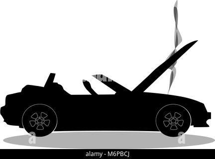 Silhouette noire de sport cabriolet voiture dessin animé avec le capot ouvert couvert de fumée. Accident de voiture de sport, d'un accident. Vector illustration, signe, sy Illustration de Vecteur