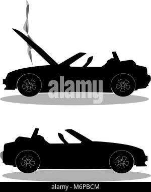 Silhouette noire de sport cabriolet voiture dessin animé avec le capot ouvert couvert de fumée. Accident de voiture avant et après. Vector illustration, signe, sy Illustration de Vecteur