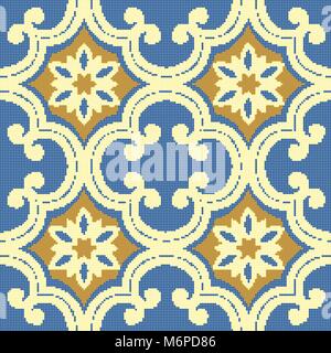 Couleur demi-teinte retro seamless pattern or oriental courbe bleue fleur croix Illustration de Vecteur