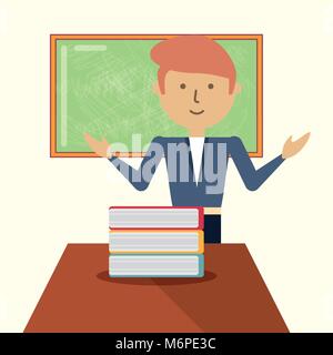 Professeur de dessin et d'un bureau avec des livres par dessus bord et fond blanc, design coloré. vector illustration Illustration de Vecteur