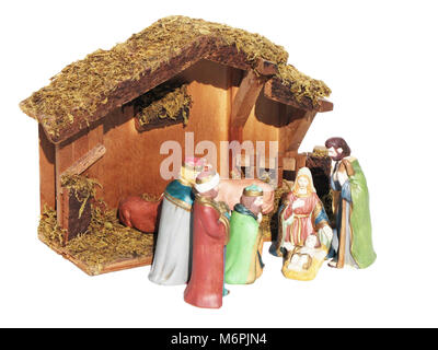 Crèche de Noël représenté avec statuettes de Marie, Joseph et l'enfant Jésus Banque D'Images