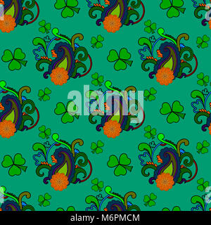 Saint Patrick's day background transparent coloré, maison de vacances avec motif paisley et les trèfles, floral et thème ethnique Banque D'Images