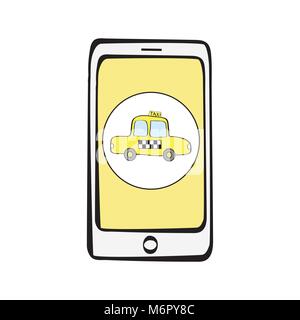 Smart Phone doodle avec taxi service app, vector illustration Illustration de Vecteur