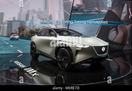 Genève, Suisse. Mar 6, 2018. Un concept-car Nissan IMx est vu sur la première journée de la presse du 88e Salon International de l'Automobile à Genève, Suisse, le 6 mars 2018. Le salon de l'automobile, qui attire plus de 180 exposants du monde entier, est ouvert au public du 8 au 18 mars 2018. Credit : Xu Jinquan/Xinhua/Alamy Live News Banque D'Images