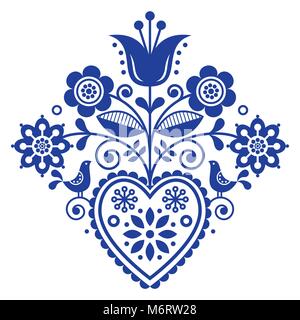 Rétro scandinaves folk art floral, vector design en bleu marine, modèle nordique avec oiseaux et fleurs Illustration de Vecteur