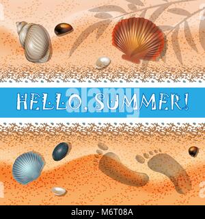 Bonjour, l'été. Fond sable d'été, le Seashell et empreintes de pas dans le sable illustration. Eps 10 Illustration de Vecteur