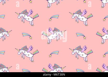 Vector illustration du modèle homogène de licornes mignon sur fond rose. Toile de Pegasus dessin animé Illustration de Vecteur