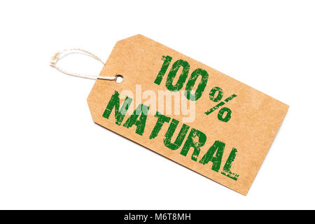 Cent pour cent signe naturel - un papier étiquette de prix sur un fond blanc - shopping concept. Banque D'Images