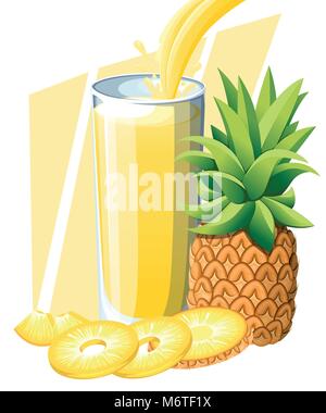 Le jus d'ananas. Boisson de fruits frais dans le verre. Les smoothies ananas. Flux de jus et splash en plein verre. Vector illustration isolé sur blanc backgroun Illustration de Vecteur