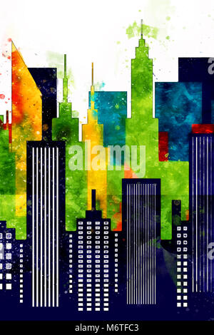 Des bâtiments de la ville américaine et gratte-ciel Aquarelle Illustration Banque D'Images