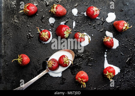 Sur un fond humide sombre déversés par une cuillerée de yogourt et parsemé de fraises fraîches, vue d'en haut. Banque D'Images