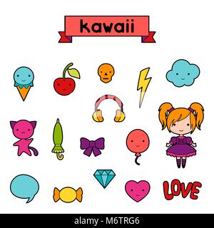 Ensemble d'éléments de design décoratif kawaii doodles Illustration de Vecteur