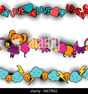 Kawaii transparente avec les habitudes de l'enfant mignon doodles Illustration de Vecteur