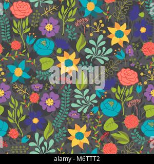 Motif romantique sans couture de diverses fleurs en style retro Illustration de Vecteur