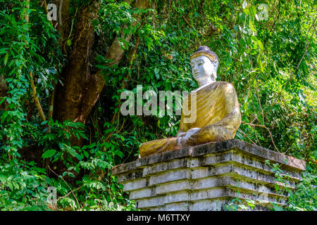Statue de Bouddha Le Jardin de Lumbini, assis sur un mur au-dessous de Mt. Zwegabin Banque D'Images