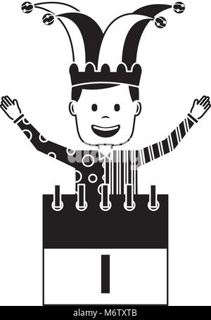 Avec joker jester hat et 1er calendrier. vector illustration image en noir et blanc Illustration de Vecteur