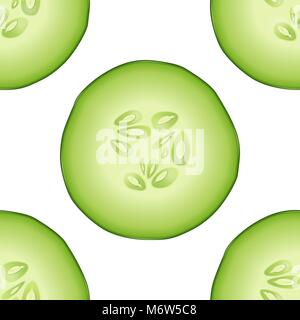 Modèle sans couture avec 3D photo-réalistes tranche de concombre juteux gros plan sur fond blanc. Modèle de conception pour le graphisme, illustration vecteur alimentaire Illustration de Vecteur